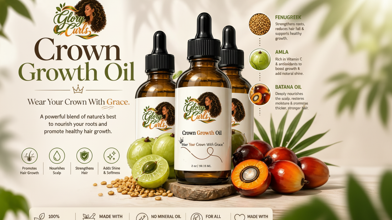 Crown Growth Oil bottle with ingredients and benefits on a natural background
